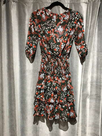 Maje Long Sleeve Floral Wide Neck Dress with elastic drop waist