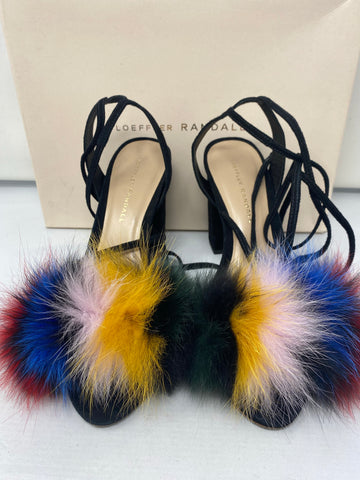 Loeffler Randall Black Suede Sandals with Real Colored Fox Fur