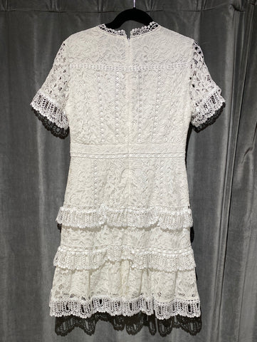 French Connection White Short Sleeve V Neck Ruffle Bottom Dress