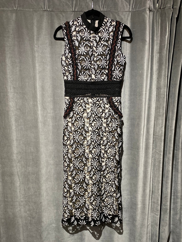 Self-Portrait Sleeveless Crew Neck Black and White Floral Straight Midi Dress
