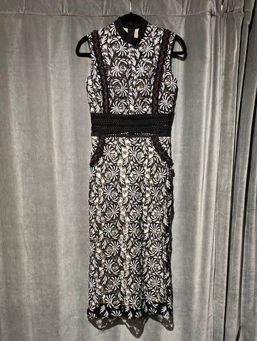Self-Portrait Sleeveless Crew Neck Black and White Floral Straight Midi Dress