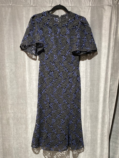 Shoshanna Black and Navy Floral Crochet Short Sleeve Midi Dress