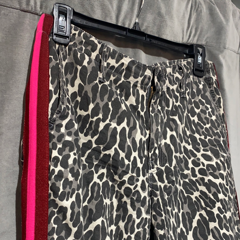 Mother Grey Leopard Print Denim Jogger with Neon Pink Stripe
