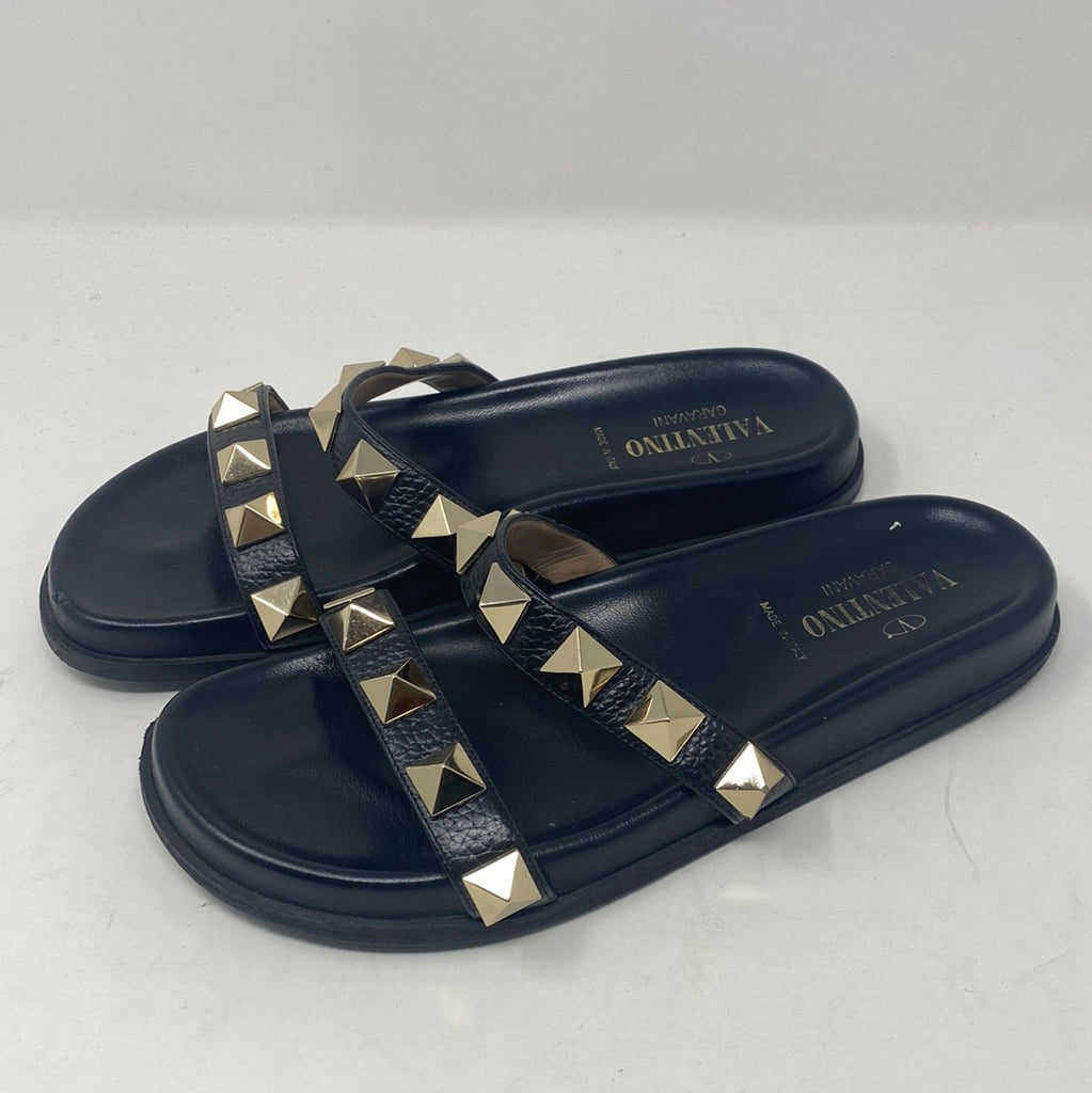 VALENTINO Black Leather Rockstud Two Strap Slide with Stud