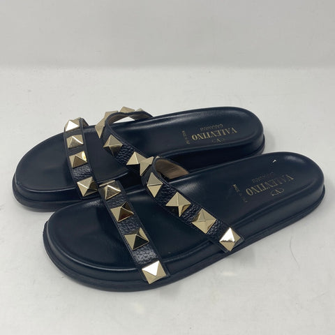 VALENTINO Black Leather Rockstud Two Strap Slide with Stud