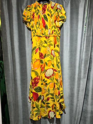 Farm Rio Yellow Fruit and Flower Short Sleeve Maxi Dress