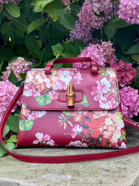 Gucci Red Blooms Printed Leather Bamboo Daily Top Handle Bag