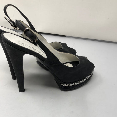 Chanel Black Peep toe platform sling back heel with white leather chain detail