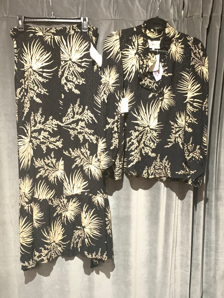 BASH Black Silk Fabric Long Sleeve Top and MAxi Skirt with Ivory Floral Print