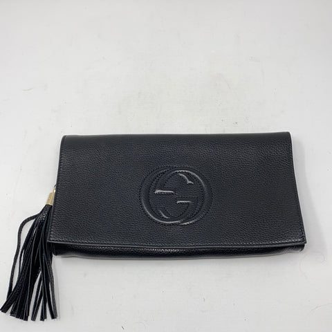 Gucci Black Leather Soho Clutch with GG and Tassel