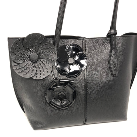 TOD'S Black Leather Tote Bag with Leather/Patent Leather Flowers