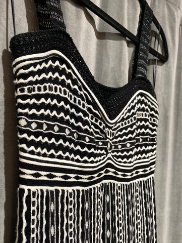 MISSONI Black and White Print Spaghetti Strap Knit Body Con Midi Dress