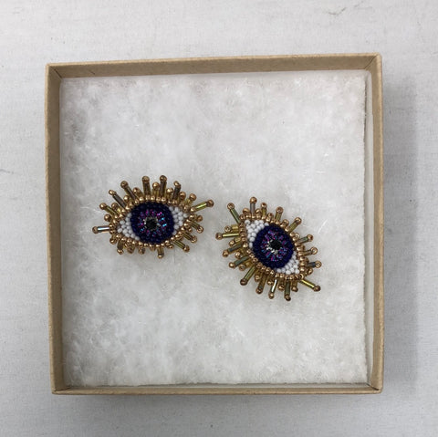 Olivia Dar Gold Beaded Purple Evil Eye Earring