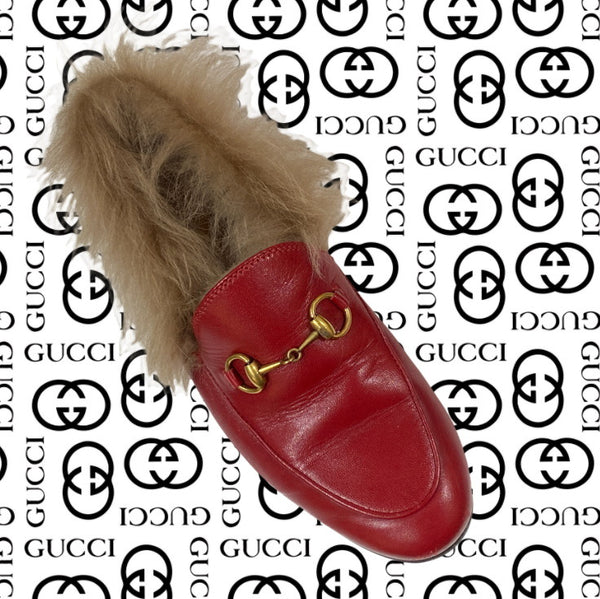 Gucci Red Leather Fur Lined Flat Moccasin