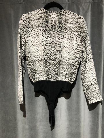 Cushnie Grey and Black Long Sleeve Cheetah Print Body Suit