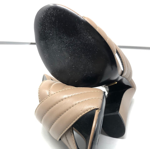 GUCCI tan leather criss-cross peep toe mule