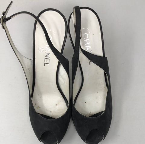Chanel Black Peep toe platform sling back heel with white leather chain detail