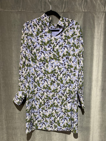 Erdem Light Blue Floral Print Silk Long Sleeve Mini Dress