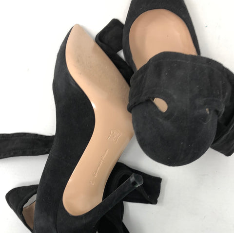 Gianvito Rossi Black Suede Pump with Ankle Ribbon Tie