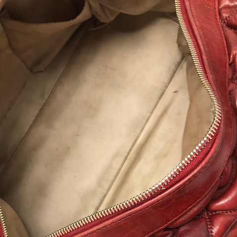 VINTAGE: Chanel Deep Red Leather Quilted double handle Bubble bag with gold textured CC