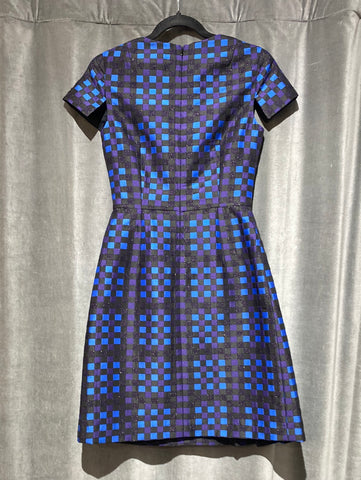 Shoshanna Short Sleeve Dress with Blue and Purple Square Design