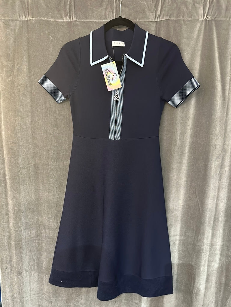 Sandro Navy Collared Short Sleeve Stretch Knit Fit and Flare with Zipper