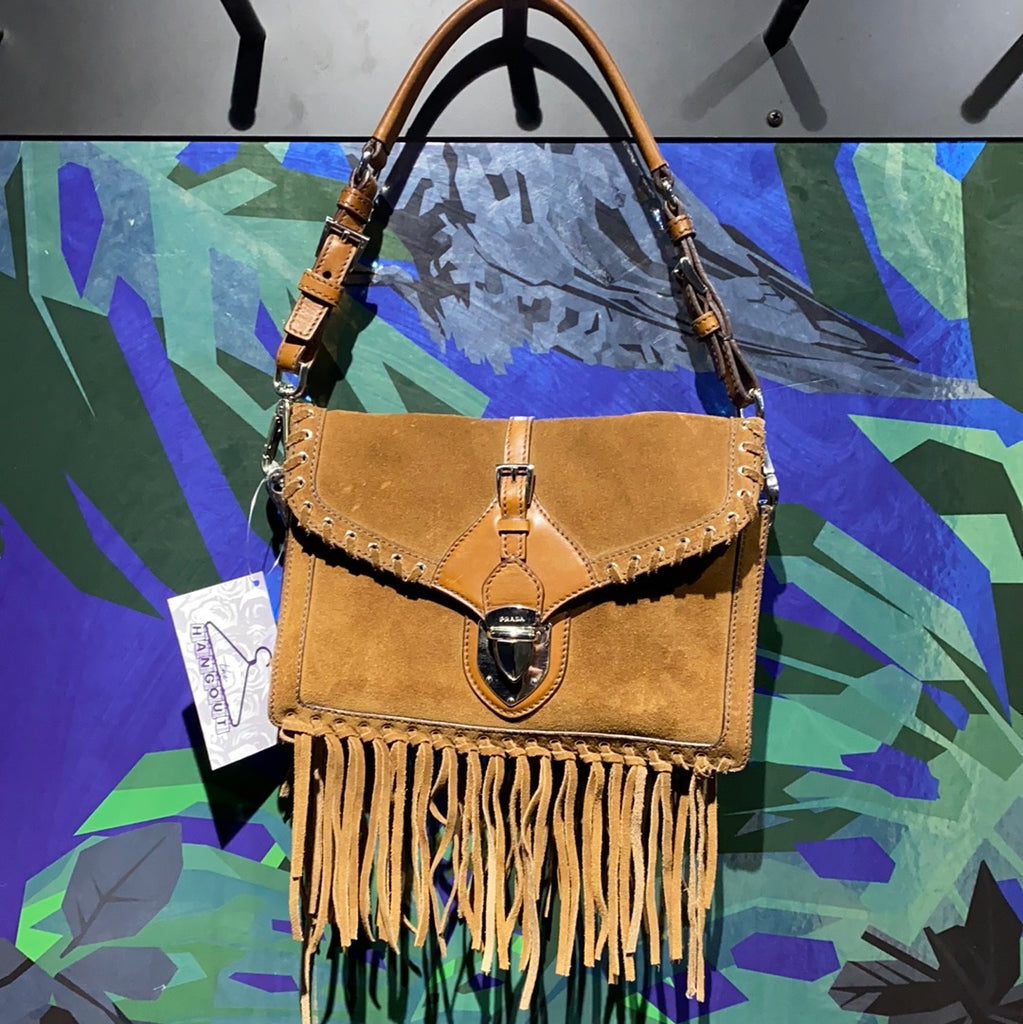 Prada Dark Tan Suede Fringed Bottom Handbag
