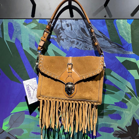 Prada Dark Tan Suede Fringed Bottom Handbag