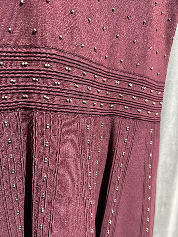 Sandro Burgundy Stretch Knit Short Sleeve Studded A Line Dress
