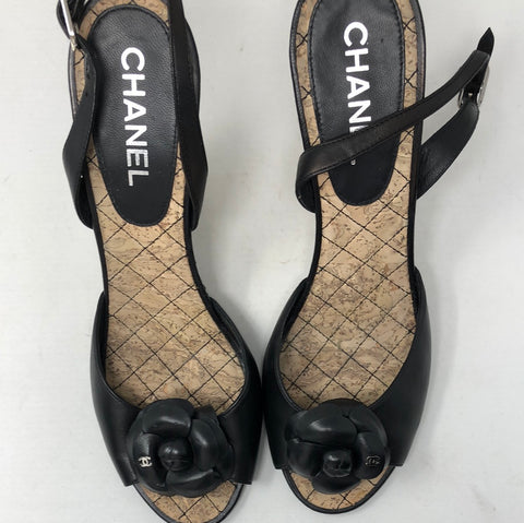 CHANEL Black Leather Wedge Sandal with Flower detail