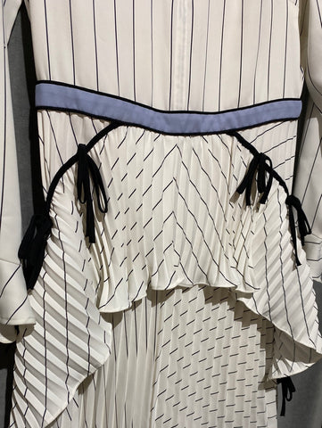 Self-Portrait White and Black Long Sleeve Maxi Dress with Light Blue Sash