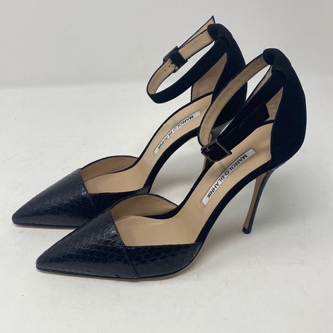 Manolo Blahnik Pointed Toe Snakeskin Heel with Suede Back and Ankle Strap