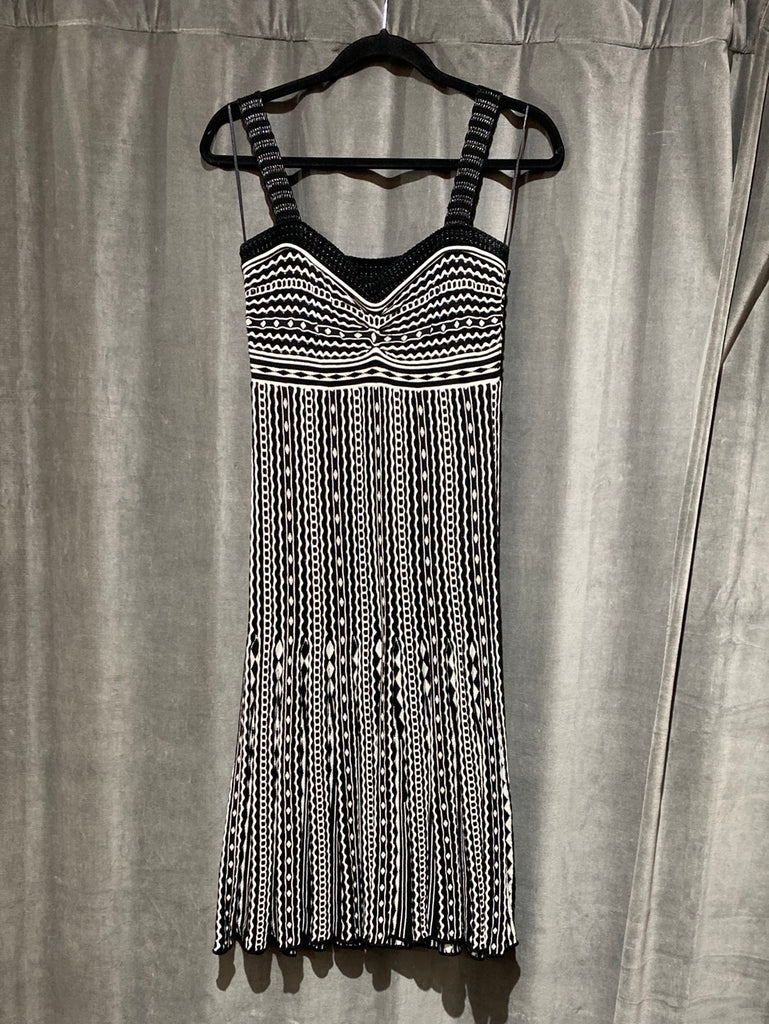MISSONI Black and White Print Spaghetti Strap Knit Body Con Midi Dress