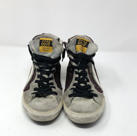 Golden Goose Maroon Glitter HIgh Top Side Zip sneaker