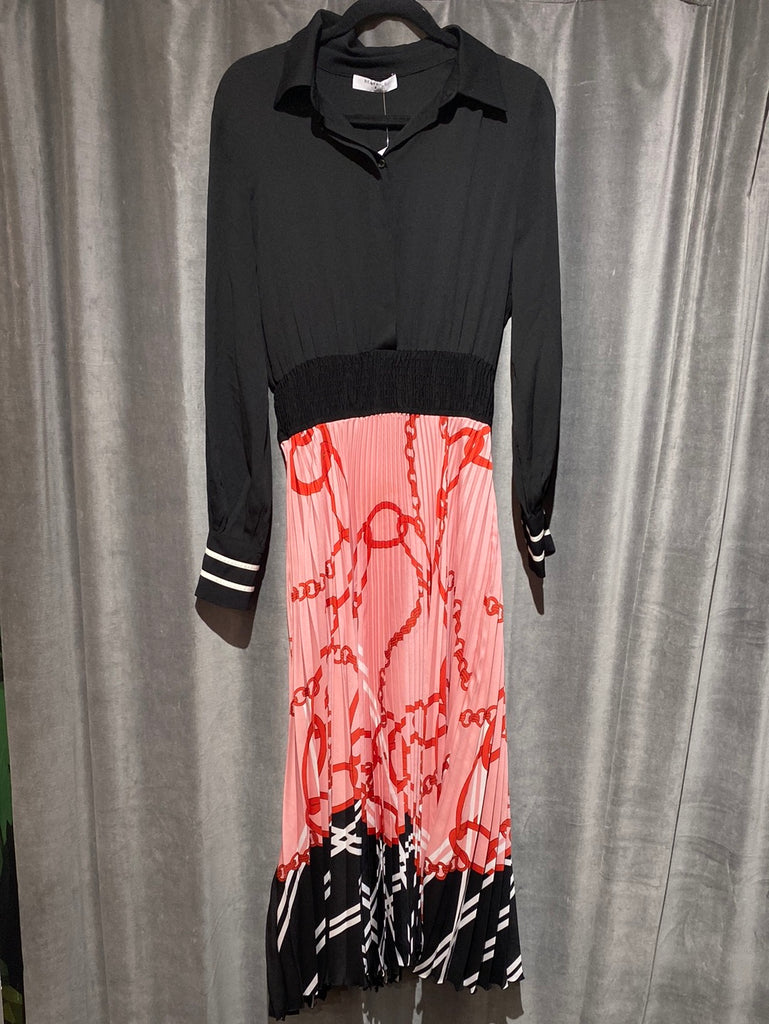 BEATRICE Black Long sleeve Blouse with Pink Pleated Maxi Dress