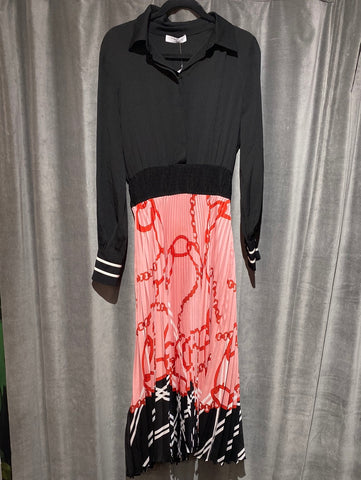 BEATRICE Black Long sleeve Blouse with Pink Pleated Maxi Dress