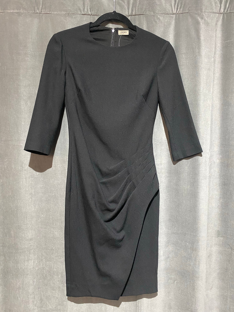 L'agence Black Long Sleeve Side Ruched Slit Straight Dress