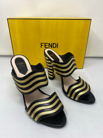 Fendi Roma Black and Gold Striped Leather Sandal