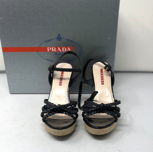 PRADA Black Braided Leather Sandal with Cork and Espadrille Wedge