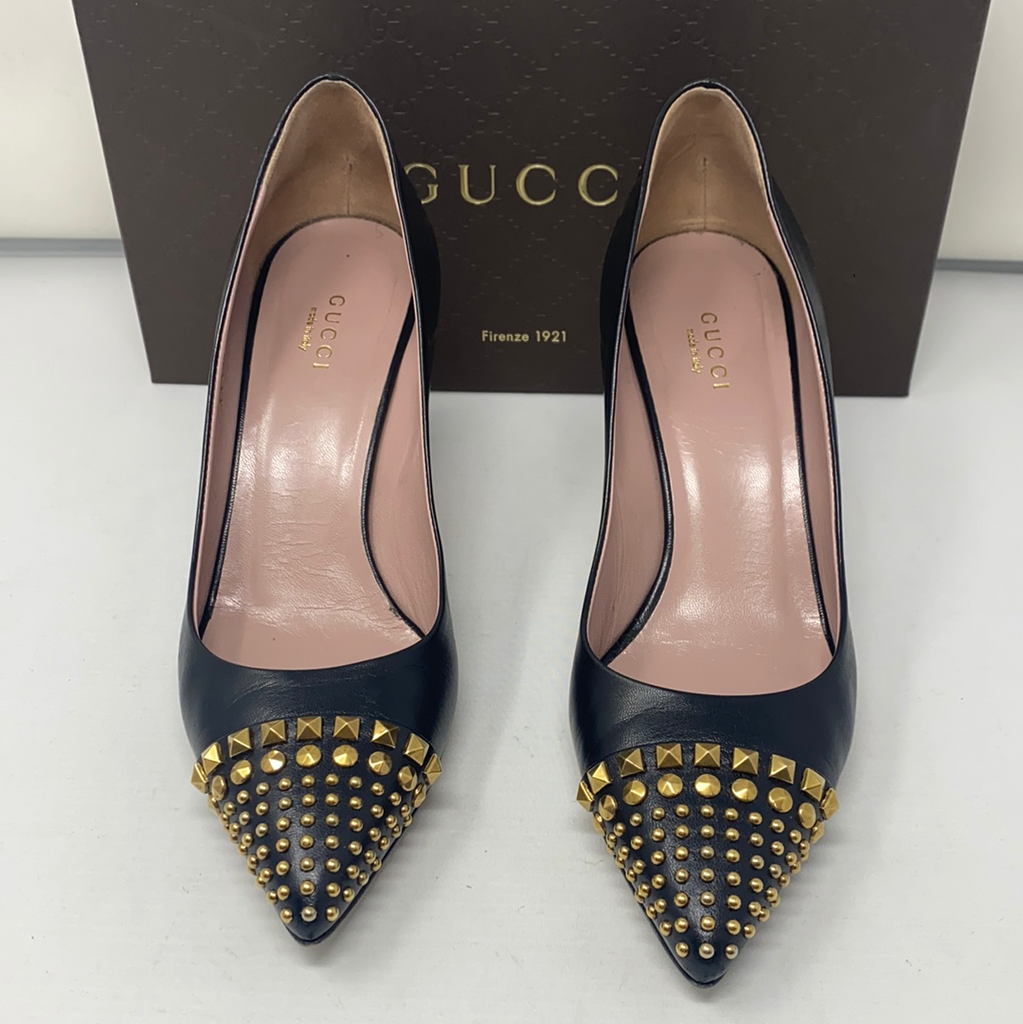 Gucci Black Leather Heel with Gold Studs