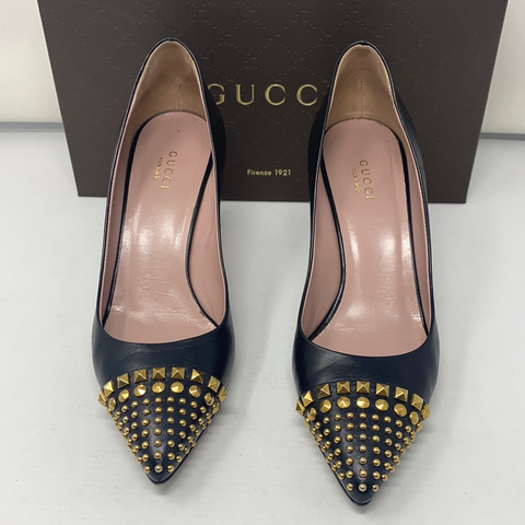 Gucci Black Leather Heel with Gold Studs