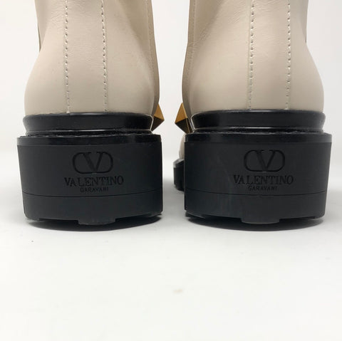 Valentino Ivory Leather Side Zip Gold Rockstud Booties