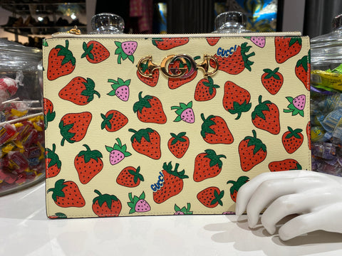 Gucci Strawberry Print top Zip Clutch with Gold and Silver G