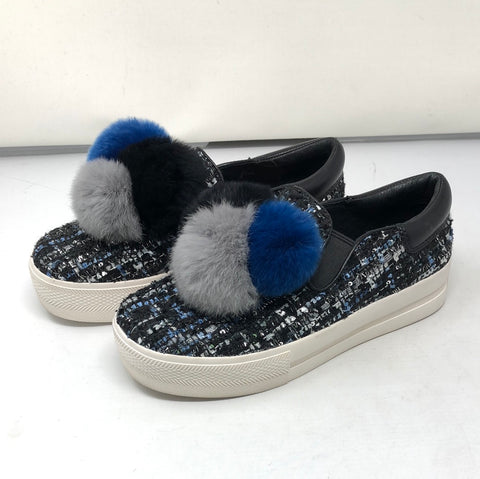 ASH Black and Blue Tweed PomPom covered Slip On