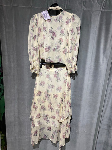 Love Shack Fancy Two Piece Neutral / Rose Print Wrap Top and Ruffle Skirt