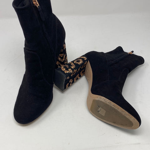 Sophia Webster Black Suede Side Zip Chunky Heel Bootie with Bronze Crystal Leopard Spots