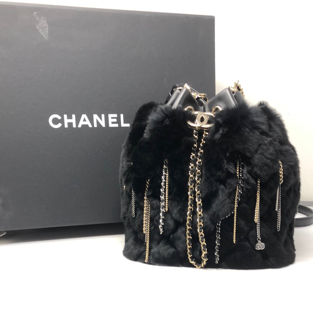 Chanel Black Fur Drawstring Bag with Gold and Silver Hardware – The Hangout