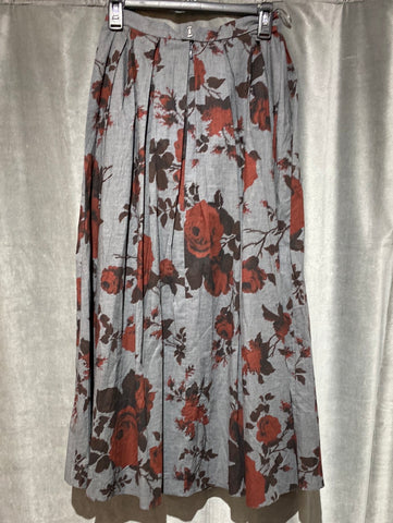 Erdem 'Sadie' Grey Pleated midi skirt with Maroon Roses
