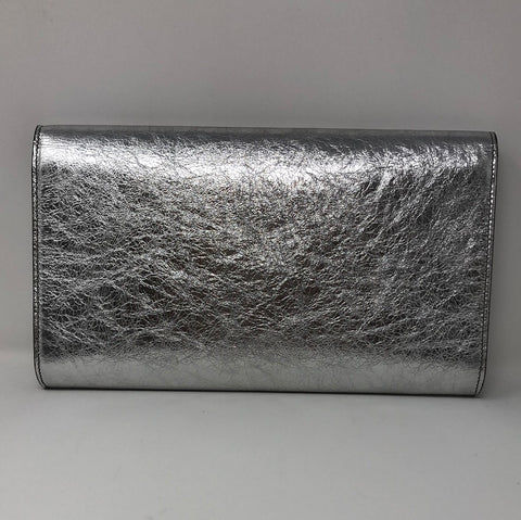 YSL Belle Du Jour Silver Large Metallic Stamped Logo Clutch