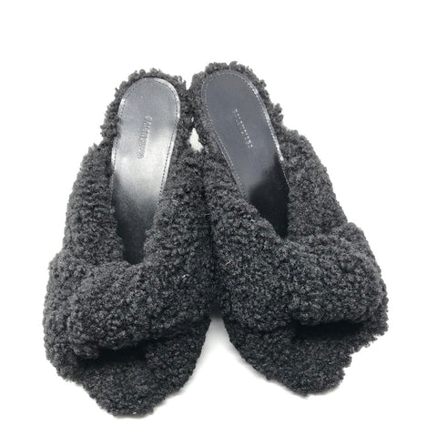 Balenciaga Drapy Sandal in Black Faux Shearling Mule